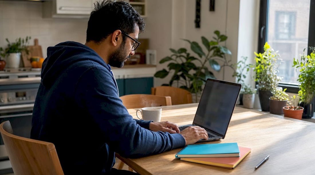 Man working on spreadsheet CRM at home desk