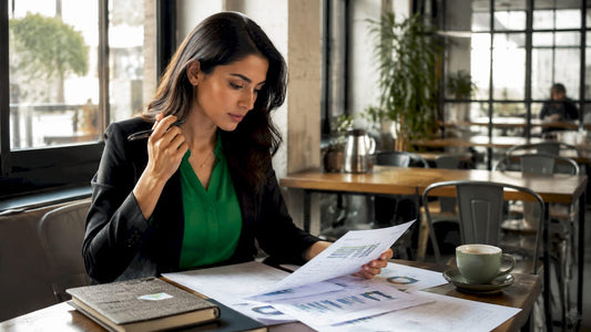 Woman reviewing printed CRM reports thoughtfully